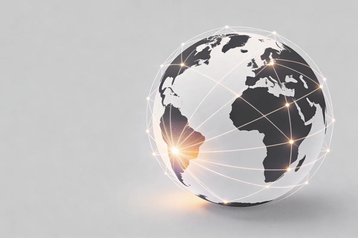 A stylized globe wrapped in glowing connecting lines pulsing outward from emerging-market regions, illustrating that India and Nigeria lead global consumer AI usage at 92% — higher than any advanced economy