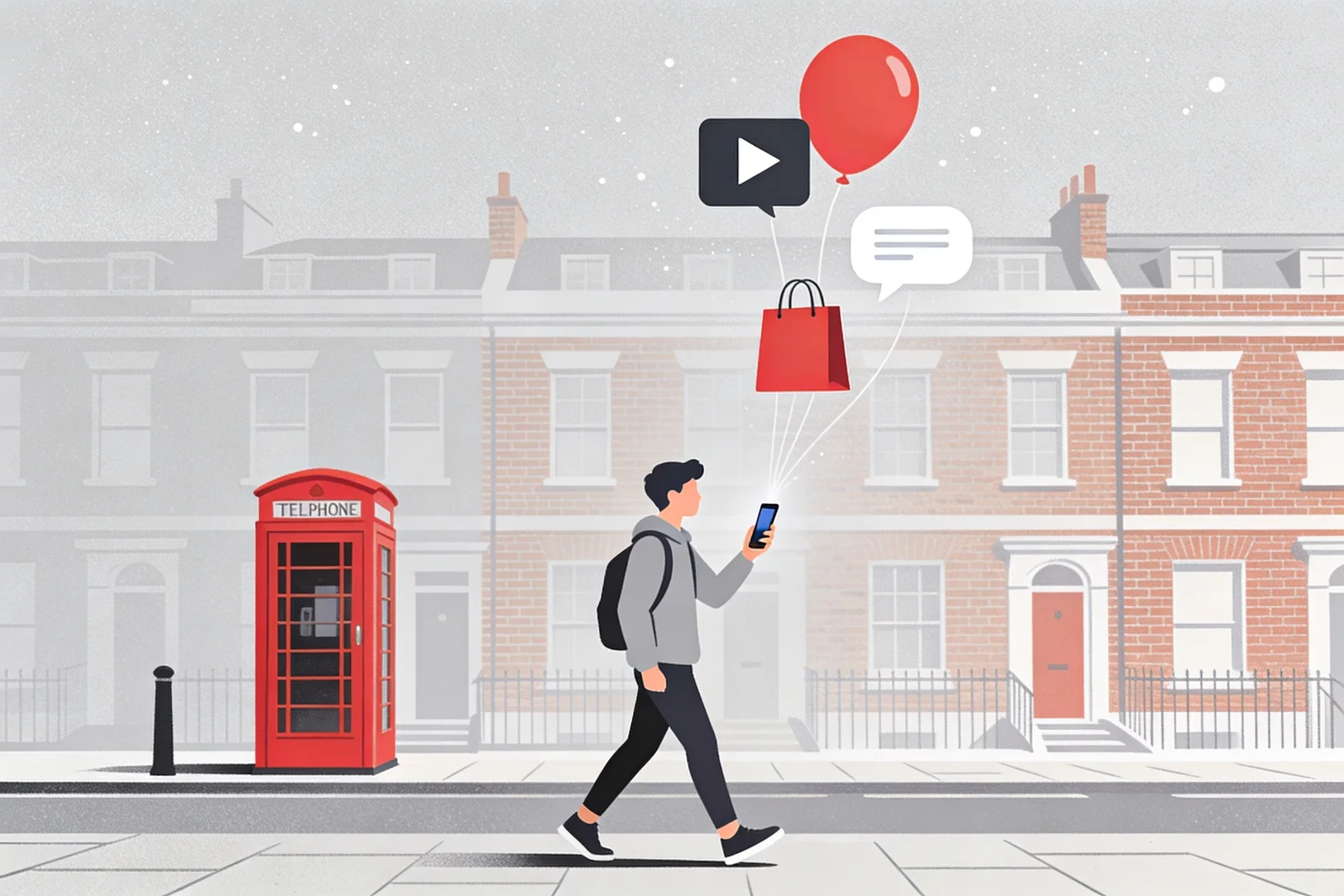 Young person on a London street holding a smartphone with floating play, shopping, and chat-bubble icons rising into the sky — illustration of UK Gen Z social media, shopping, and AI use