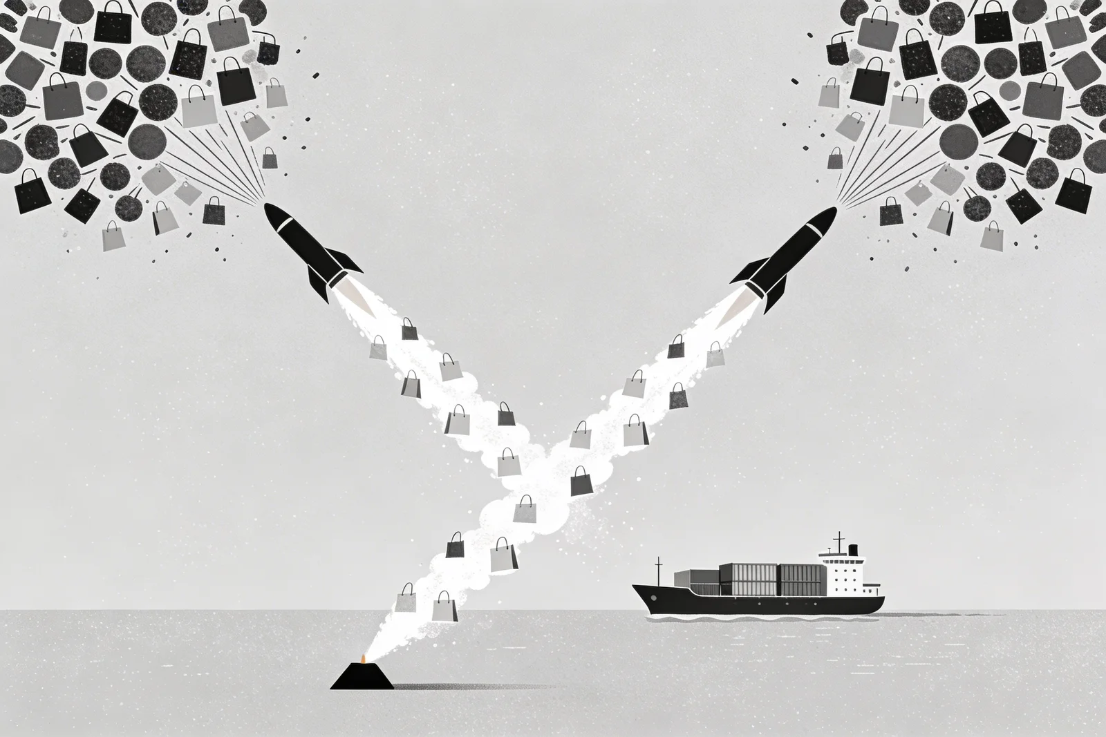 Two skyrocketing trails of small shopping bags ascending diagonally from a tiny base into massive clusters, with a cargo ship sailing along the horizon — visual metaphor for the SHEIN and Temu UK download surge