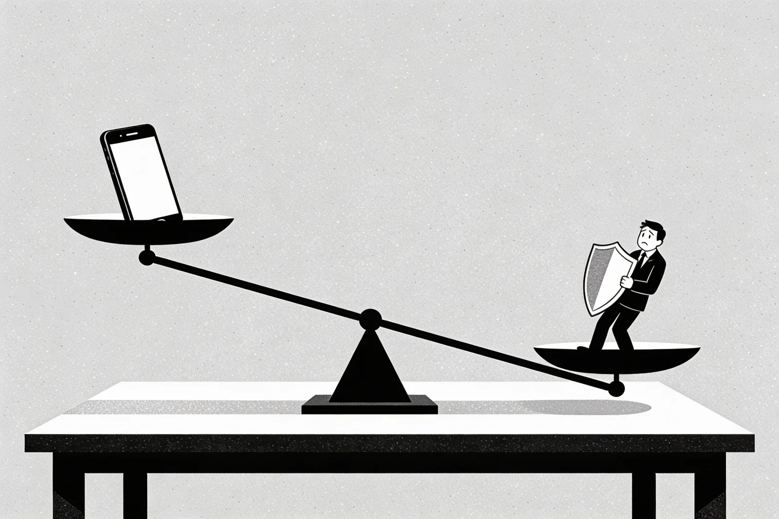 Balance scale on a tabletop with a smartphone tilting one pan down and a small worried-adult figure holding a shield on the other pan, mid-tilt — visual metaphor for the UK debate over banning smartphone sales to children