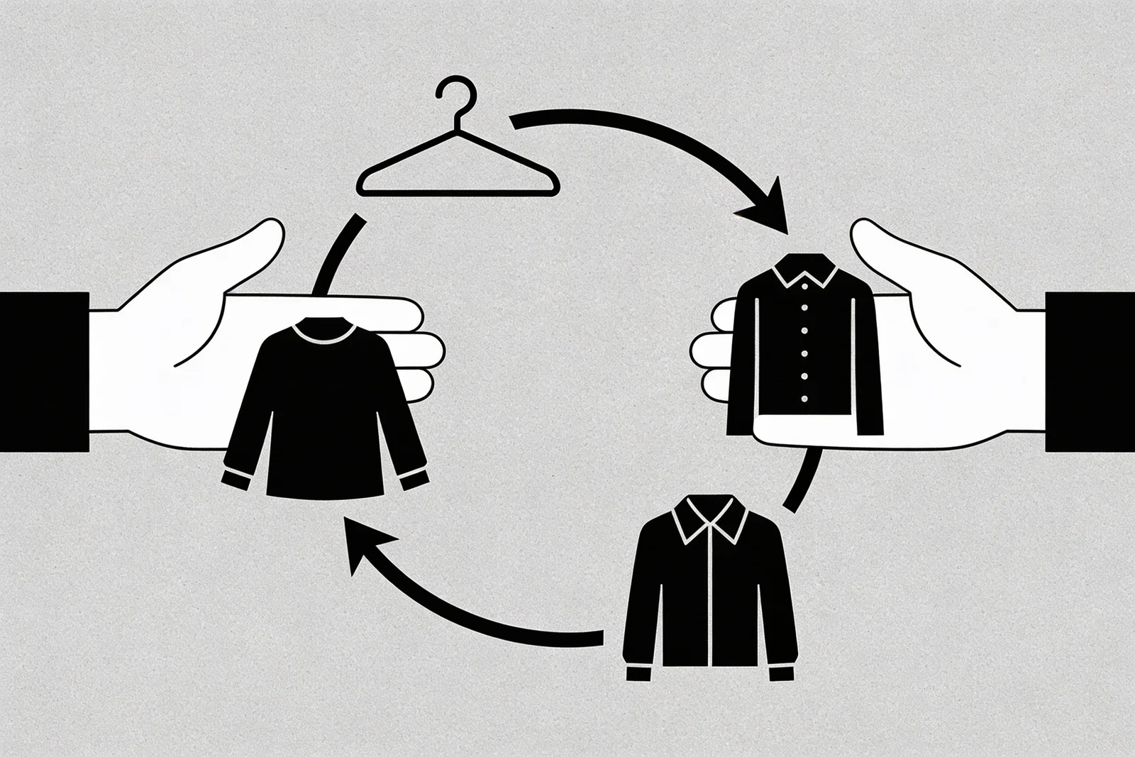 Circular loop of clothes hangers passing between two outstretched hands, with garments cycling back into the loop and arrows tracing the circular flow — visual metaphor for UK Gen Z secondhand fashion and recommerce on Vinted