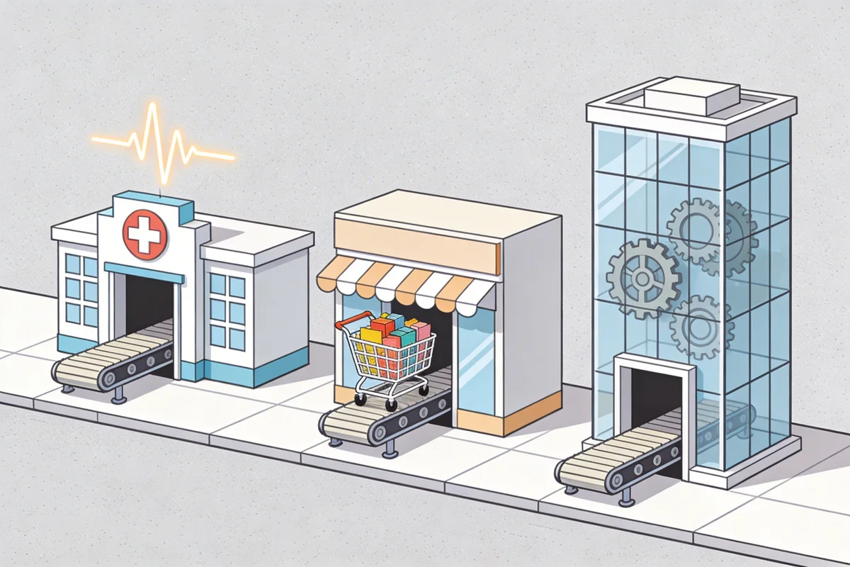 Three industry storefronts showing healthcare, e-commerce, and B2B automation patterns