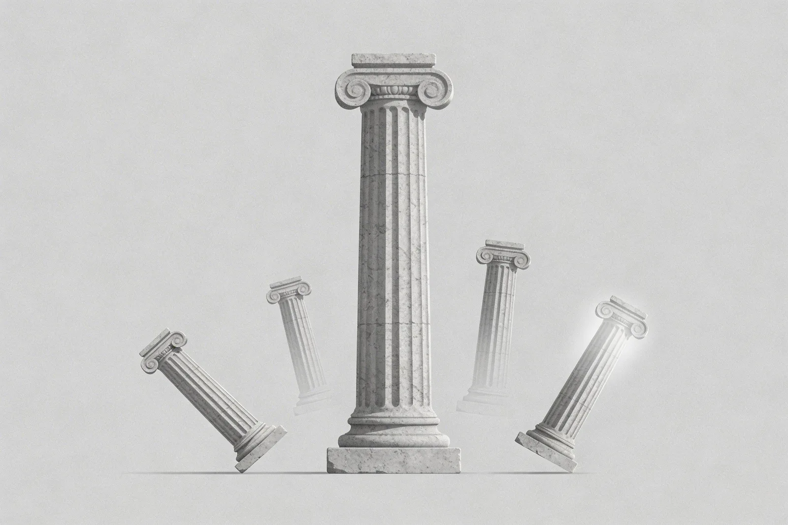 Illustration of a massive stone pillar standing firm while smaller pillars lean around it representing social media platform stability