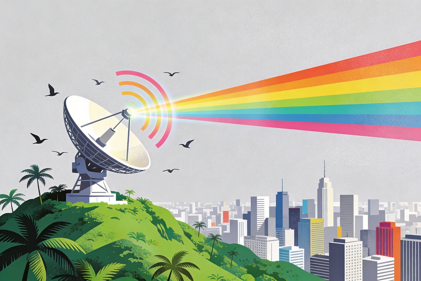 Illustration of a satellite dish on a tropical hilltop beaming signals over a city skyline representing Brazil internet dominance