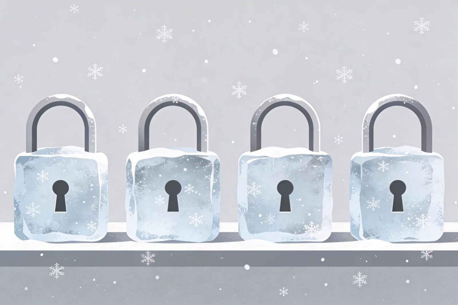 Illustration of four padlocks frozen in ice cubes representing the four internet categories with zero ranking changes
