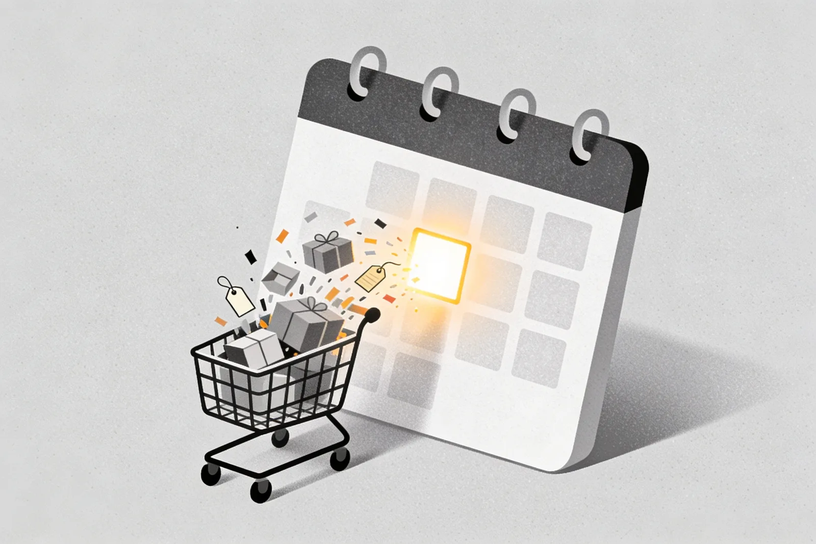 Stylized calendar page with one date glowing like a sun while surrounding dates fade, a shopping cart bursting upward out of the highlighted date — illustrating how a single campaign date concentrates Turkish e-commerce volume