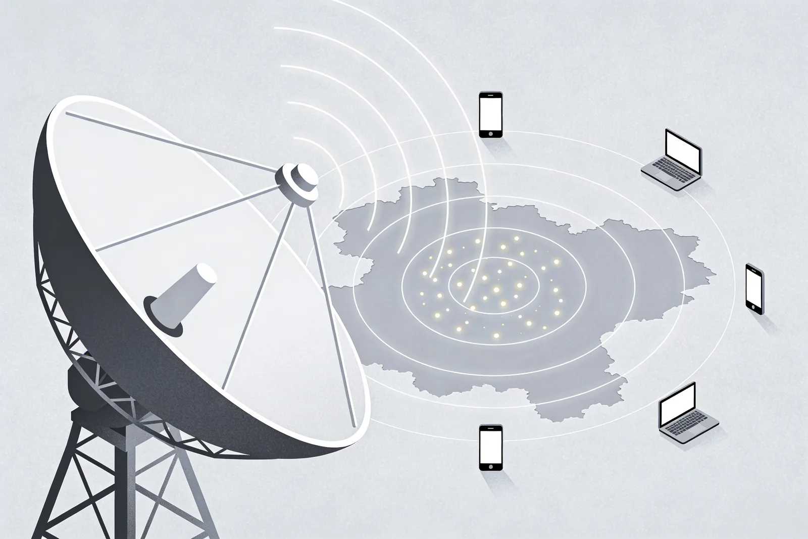 A large stylized radar dish broadcasting concentric circular waves over a soft country silhouette filled with glowing data-point dots, smartphones and laptops scattered around the perimeter receiving the signals — illustrating Cloudflare Radar's anonymized Q1 2026 Turkey internet telemetry feeding live signal into the analysis