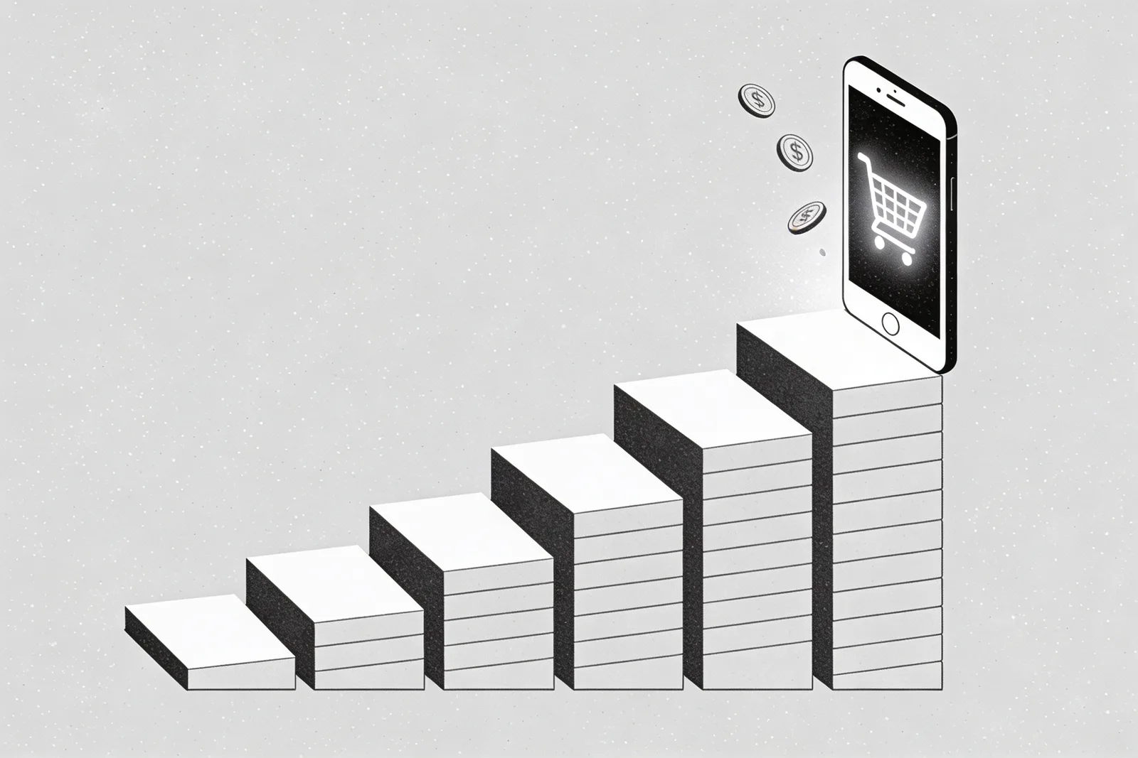 A staircase of progressively taller building blocks rising sharply from left to right, with the highest block transforming into a smartphone showing a shopping cart icon — illustrating Turkey's steep e-commerce growth curve