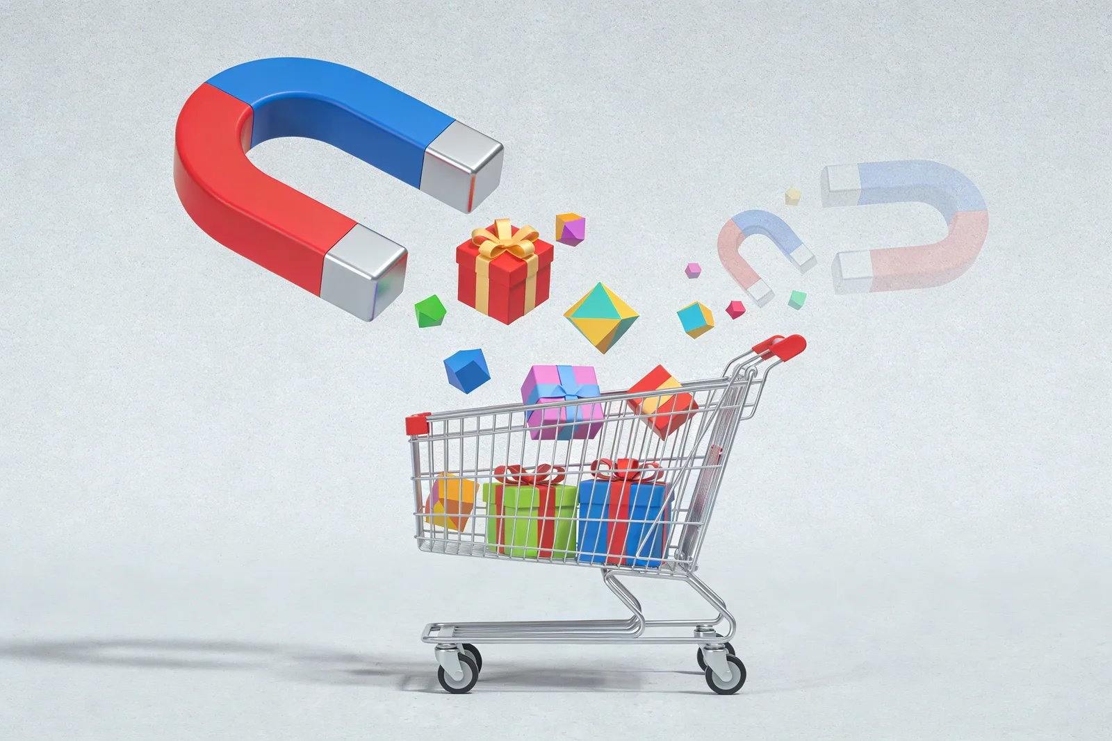 A large horseshoe magnet hovering above an open shopping cart pulling colorful gift boxes and small icon shapes toward it through the air, smaller weaker magnets faded in the background — illustrating the conversion-driver hierarchy where free delivery and taksit installments outweigh discounts