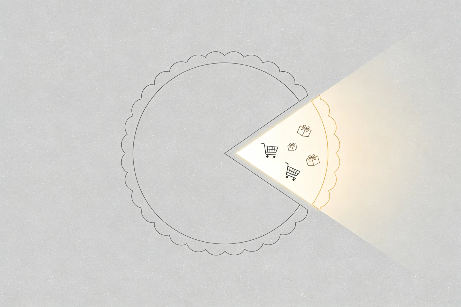 A circular pie gradually filled from one edge by a glowing wedge that expands outward, with tiny shopping cart icons floating inside the growing wedge — illustrating how Turkish e-commerce has expanded from 4% to 19.3% of total retail
